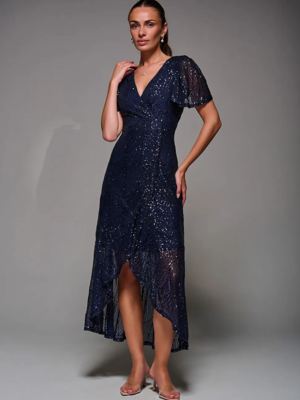 Jolie Moi Blue Sequin Angel Sleeve Ruffle Hem Maxi Dress
