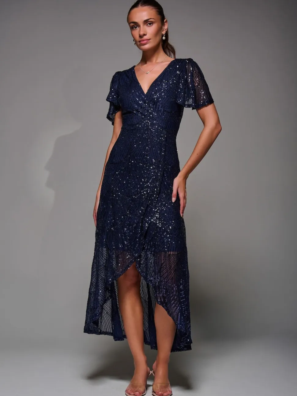 Jolie Moi Blue Sequin Angel Sleeve Ruffle Hem Maxi Dress