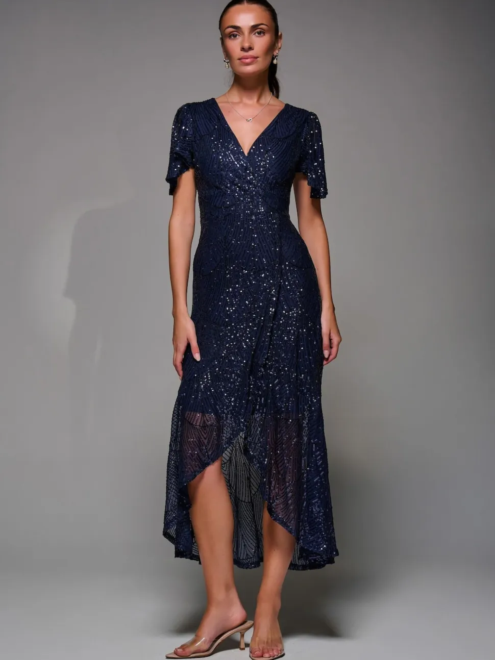 Jolie Moi Blue Sequin Angel Sleeve Ruffle Hem Maxi Dress