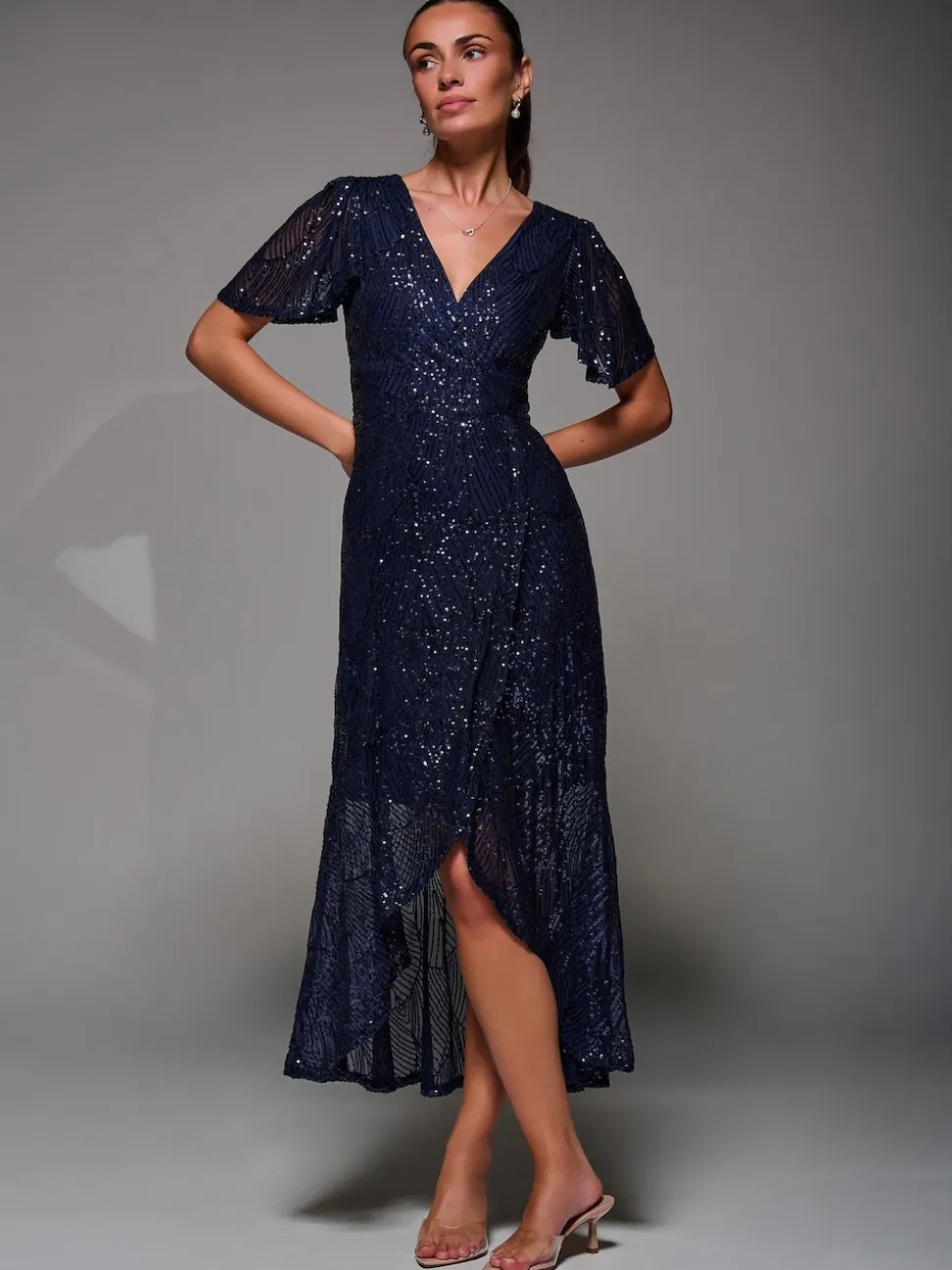 Jolie Moi Blue Sequin Angel Sleeve Ruffle Hem Maxi Dress