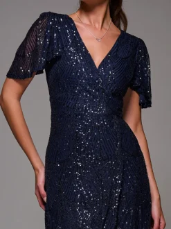 Jolie Moi Blue Sequin Angel Sleeve Ruffle Hem Maxi Dress