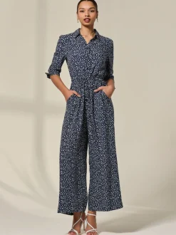 Jolie Moi Blue Tie Half Sleeve Wide Leg Jumpsuit