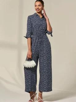 Jolie Moi Blue Tie Half Sleeve Wide Leg Jumpsuit