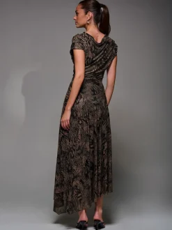 Jolie Moi Brown Asymmetrical Draped Slash Neck Midaxi Dress