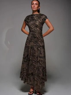 Jolie Moi Brown Asymmetrical Draped Slash Neck Midaxi Dress