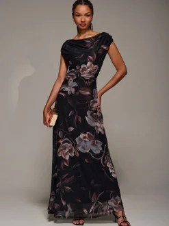 Jolie Moi Brown Asymmetric Neck Mesh Maxi Dress