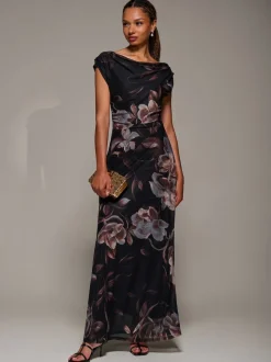 Jolie Moi Brown Asymmetric Neck Mesh Maxi Dress