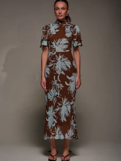 Jolie Moi Brown High Neck Angel Sleeve Chiffon Maxi Dress