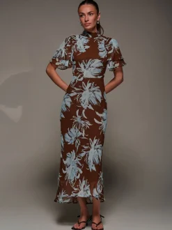 Jolie Moi Brown High Neck Angel Sleeve Chiffon Maxi Dress