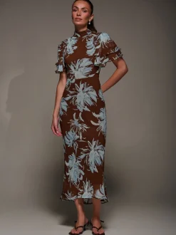 Jolie Moi Brown High Neck Angel Sleeve Chiffon Maxi Dress