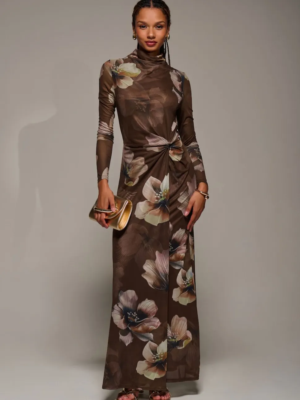Jolie Moi Brown High Neck Long Sleeve Mesh Maxi Dress