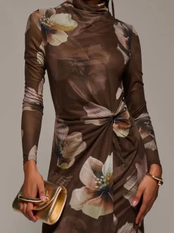 Jolie Moi Brown High Neck Long Sleeve Mesh Maxi Dress