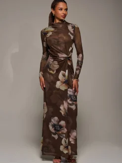Jolie Moi Brown High Neck Long Sleeve Mesh Maxi Dress