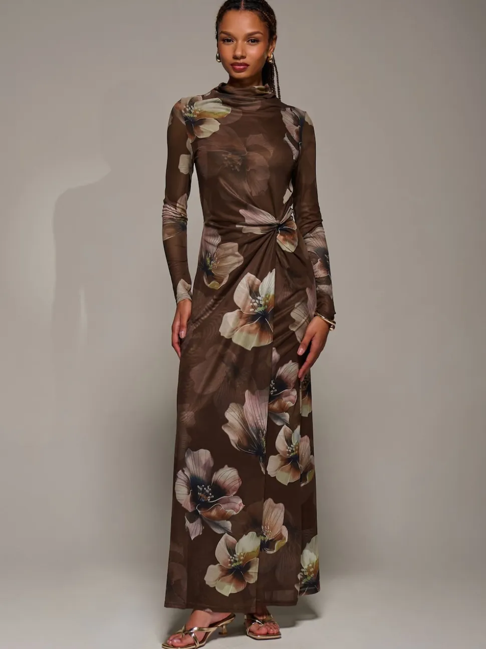 Jolie Moi Brown High Neck Long Sleeve Mesh Maxi Dress