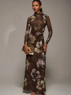 Jolie Moi Brown High Neck Long Sleeve Mesh Maxi Dress