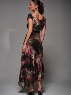 Jolie Moi Brown Mesh Asymmetrical Draped Maxi Dress