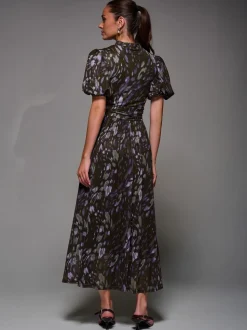 Jolie Moi Brown Puffy Sleeve Printed Mesh Maxi Dress