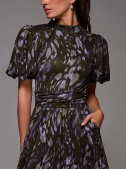 Jolie Moi Brown Puffy Sleeve Printed Mesh Maxi Dress