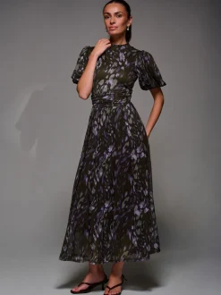 Jolie Moi Brown Puffy Sleeve Printed Mesh Maxi Dress