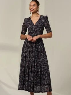 Jolie Moi Brown Ruched Sleeve Mesh Dress