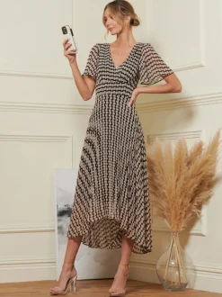 Jolie Moi Brown Spot Angel Sleeve Pleated Chiffon Maxi Dress