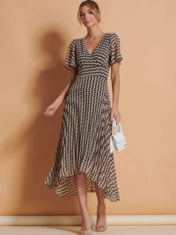 Jolie Moi Brown Spot Angel Sleeve Pleated Chiffon Maxi Dress