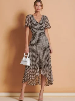 Jolie Moi Brown Spot Angel Sleeve Pleated Chiffon Maxi Dress
