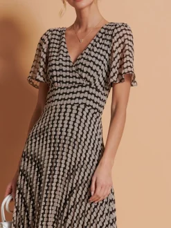 Jolie Moi Brown Spot Angel Sleeve Pleated Chiffon Maxi Dress
