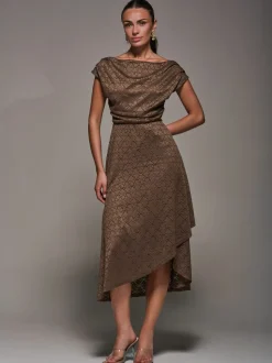 Jolie Moi Brown Textured Asymmetrical Draped Midaxi Dress