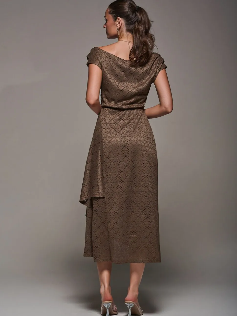 Jolie Moi Brown Textured Asymmetrical Draped Midaxi Dress