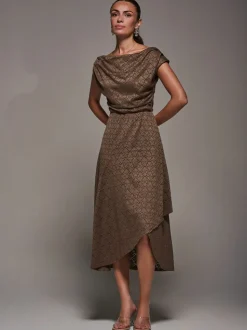 Jolie Moi Brown Textured Asymmetrical Draped Midaxi Dress