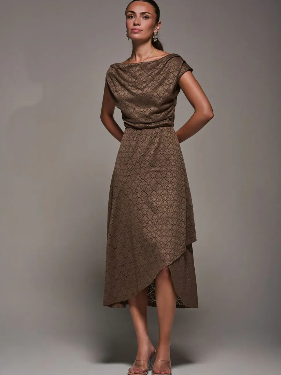 Jolie Moi Brown Textured Asymmetrical Draped Midaxi Dress