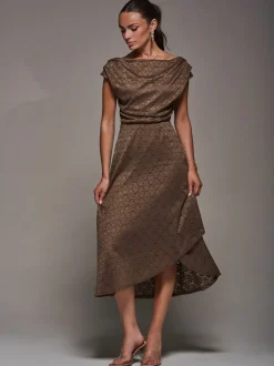 Jolie Moi Brown Textured Asymmetrical Draped Midaxi Dress