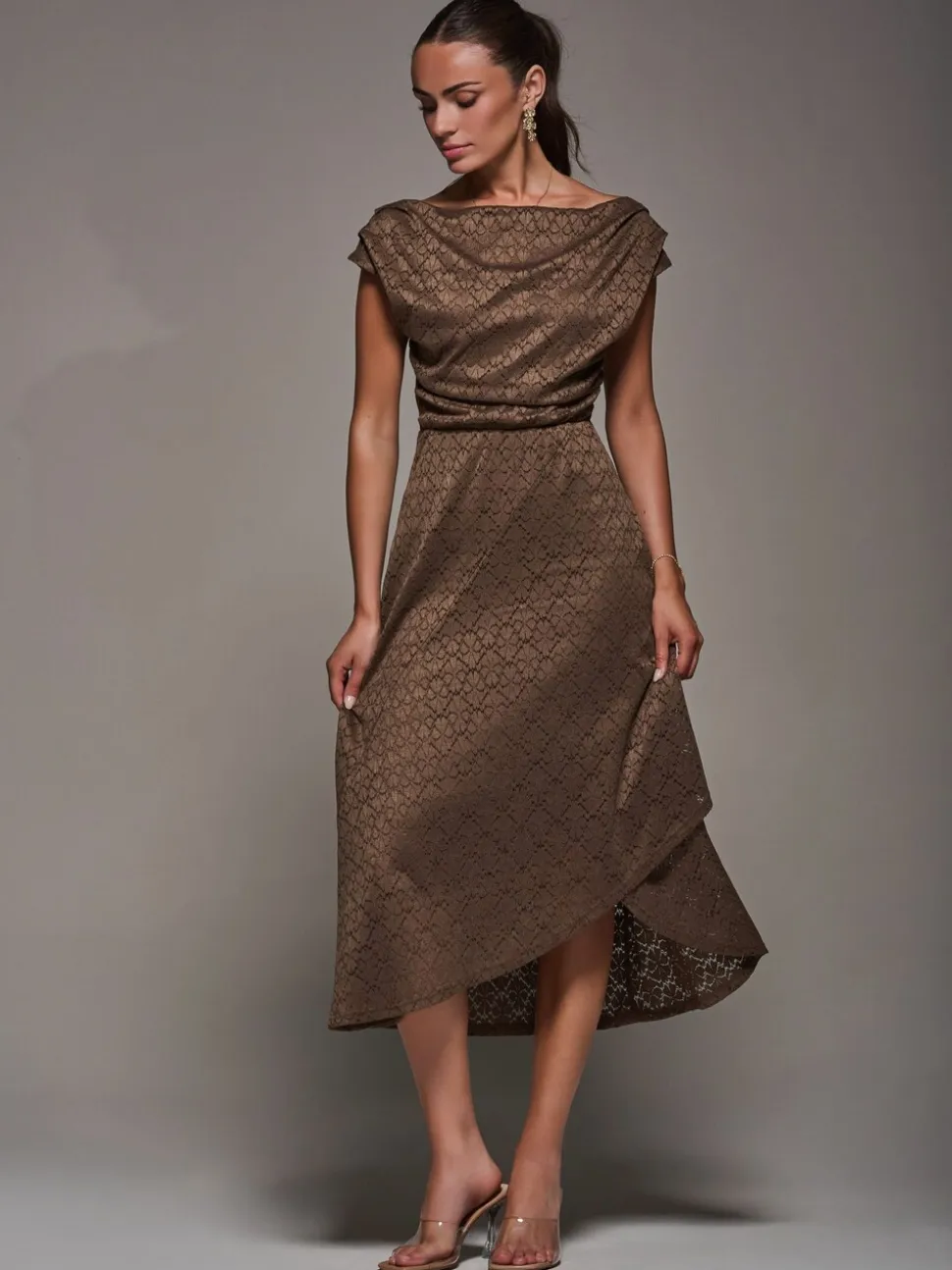 Jolie Moi Brown Textured Asymmetrical Draped Midaxi Dress