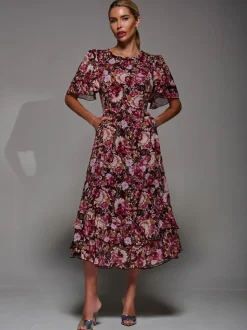 Jolie Moi Burgundy Frill Detail Chiffon Midaxi Dress