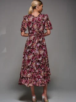 Jolie Moi Burgundy Frill Detail Chiffon Midaxi Dress