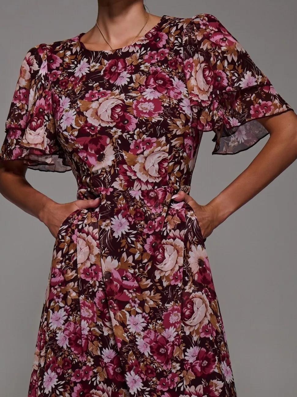 Jolie Moi Burgundy Frill Detail Chiffon Midaxi Dress