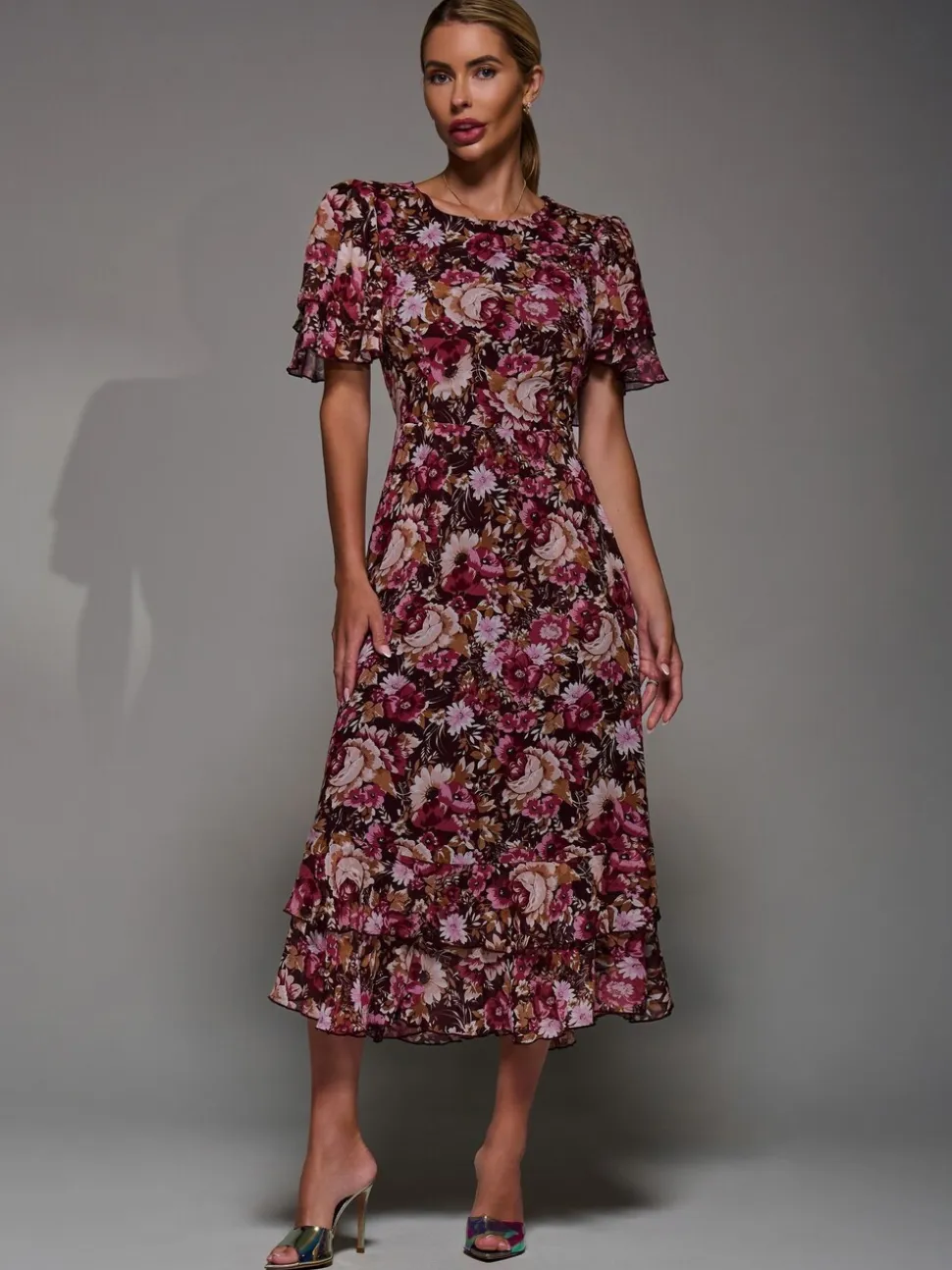 Jolie Moi Burgundy Frill Detail Chiffon Midaxi Dress
