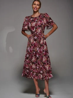 Jolie Moi Burgundy Frill Detail Chiffon Midaxi Dress
