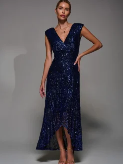 Jolie Moi Charcoal Black Sequin Asymmetric Ruffle Hem Maxi Dress