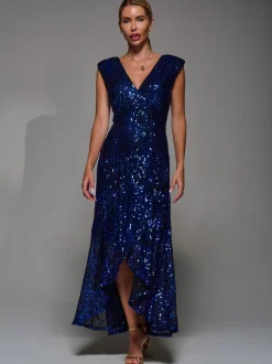 Jolie Moi Charcoal Black Sequin Asymmetric Ruffle Hem Maxi Dress
