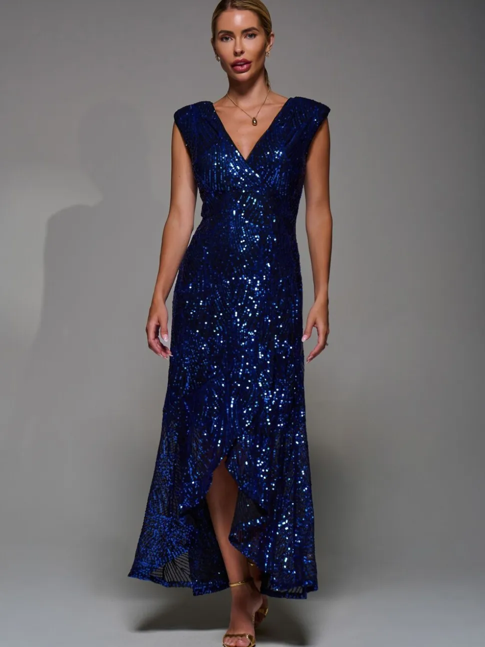 Jolie Moi Charcoal Black Sequin Asymmetric Ruffle Hem Maxi Dress