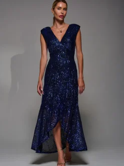 Jolie Moi Charcoal Black Sequin Asymmetric Ruffle Hem Maxi Dress