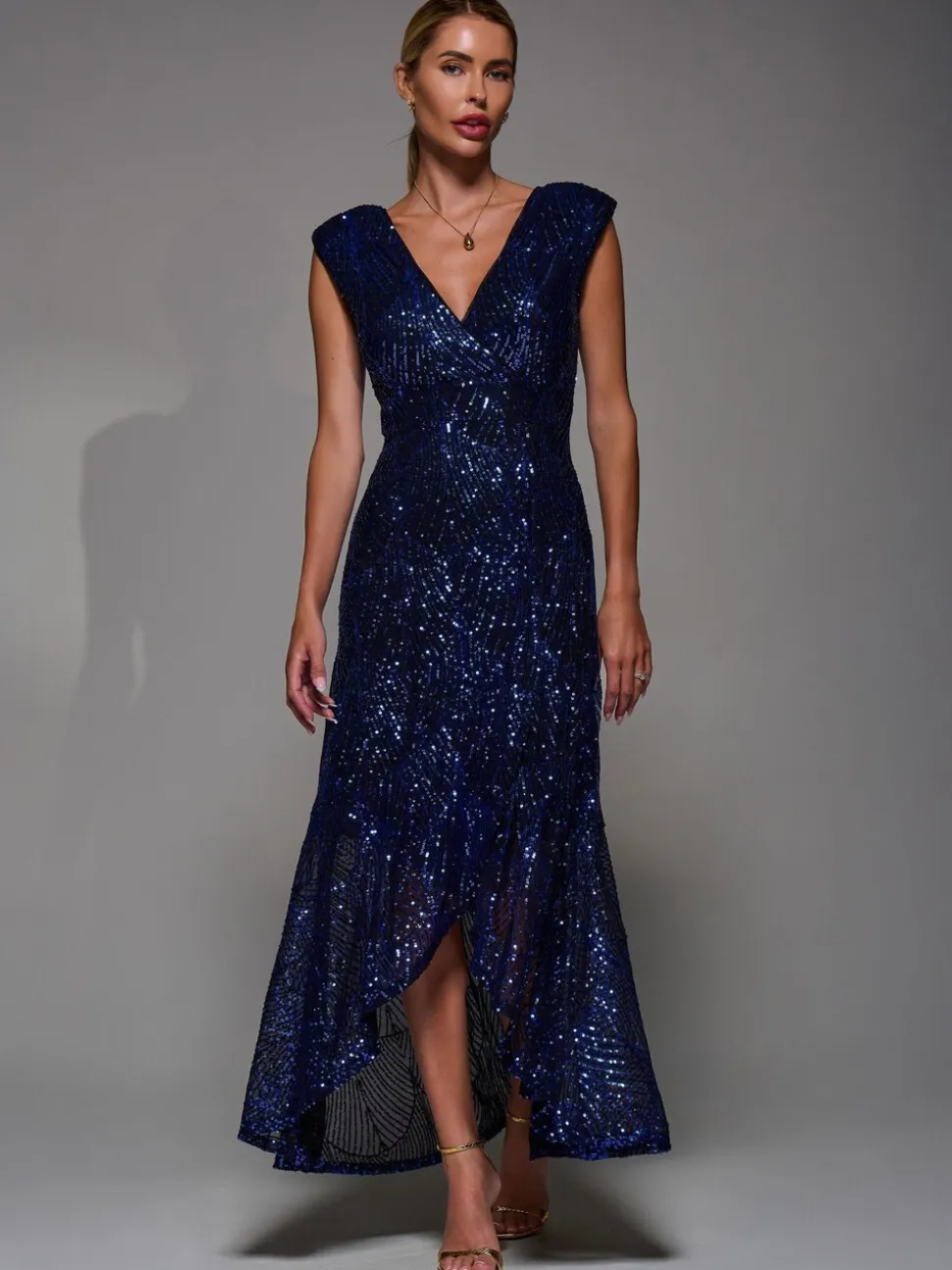 Jolie Moi Charcoal Black Sequin Asymmetric Ruffle Hem Maxi Dress