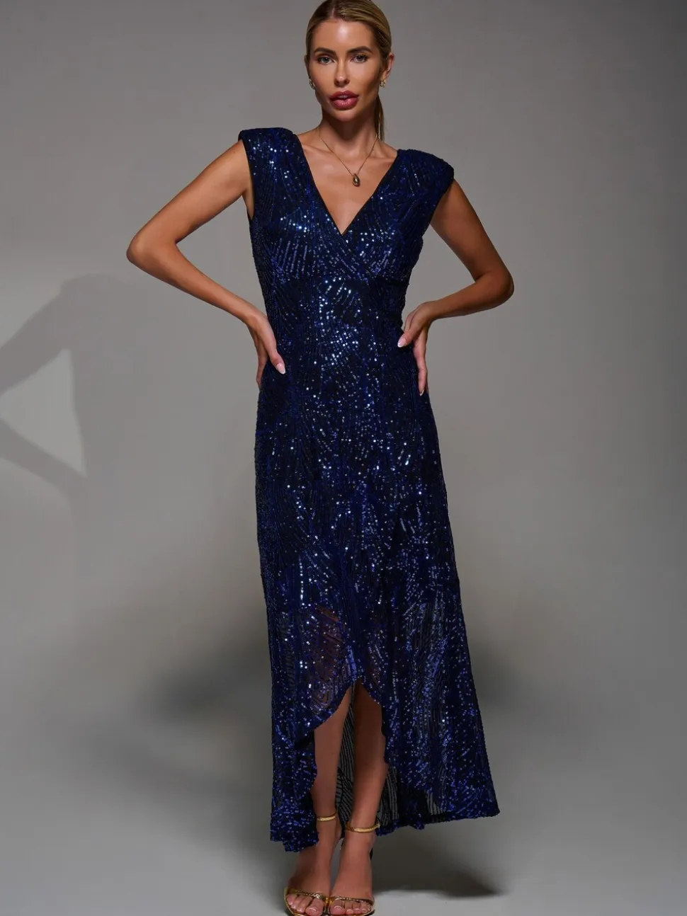Jolie Moi Charcoal Black Sequin Asymmetric Ruffle Hem Maxi Dress