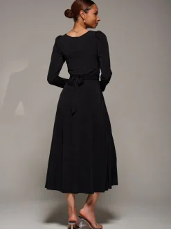 Jolie Moi Charcoal Black Puff Long Sleeve Jersey Maxi Dress