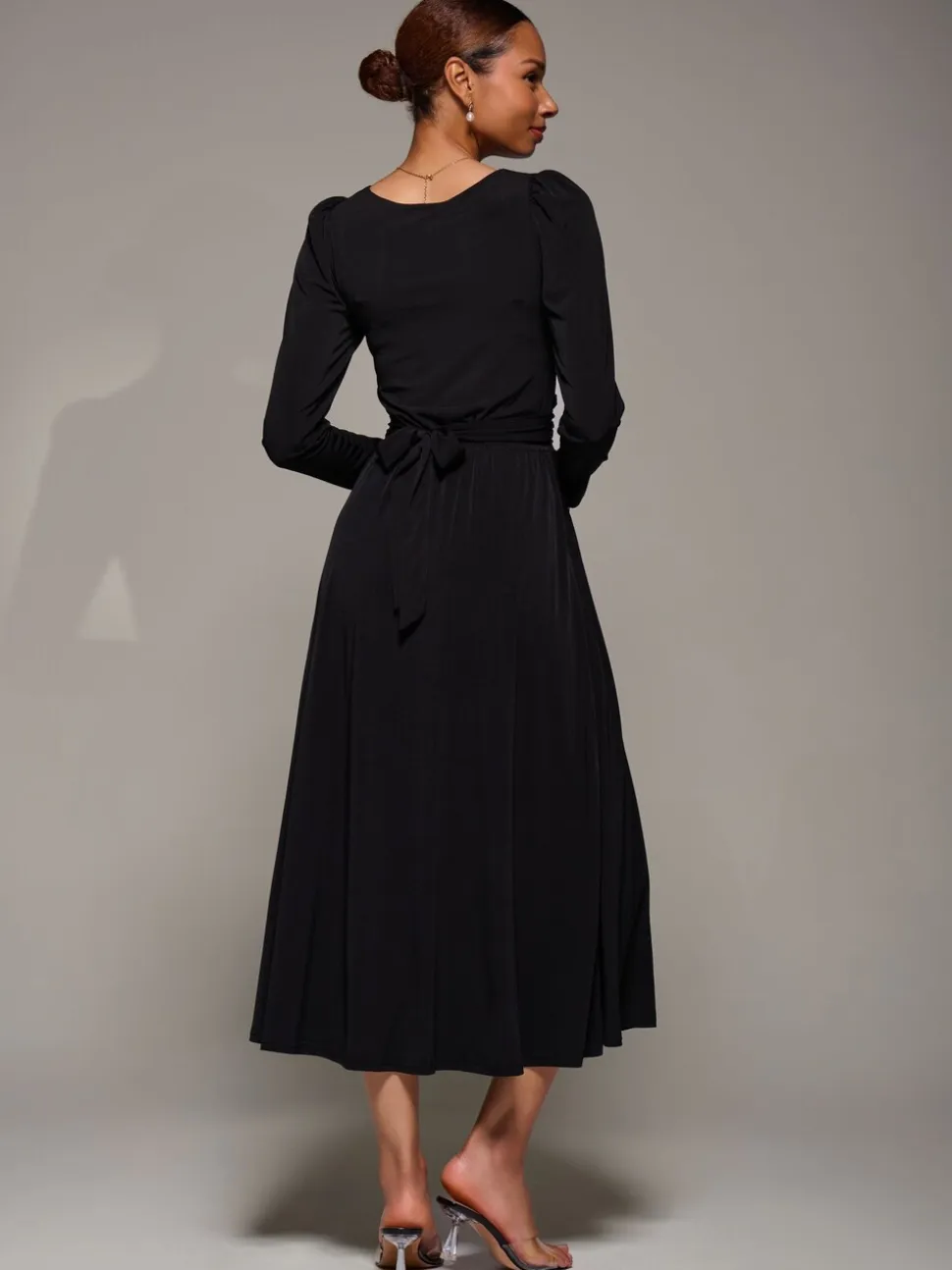 Jolie Moi Charcoal Black Puff Long Sleeve Jersey Maxi Dress