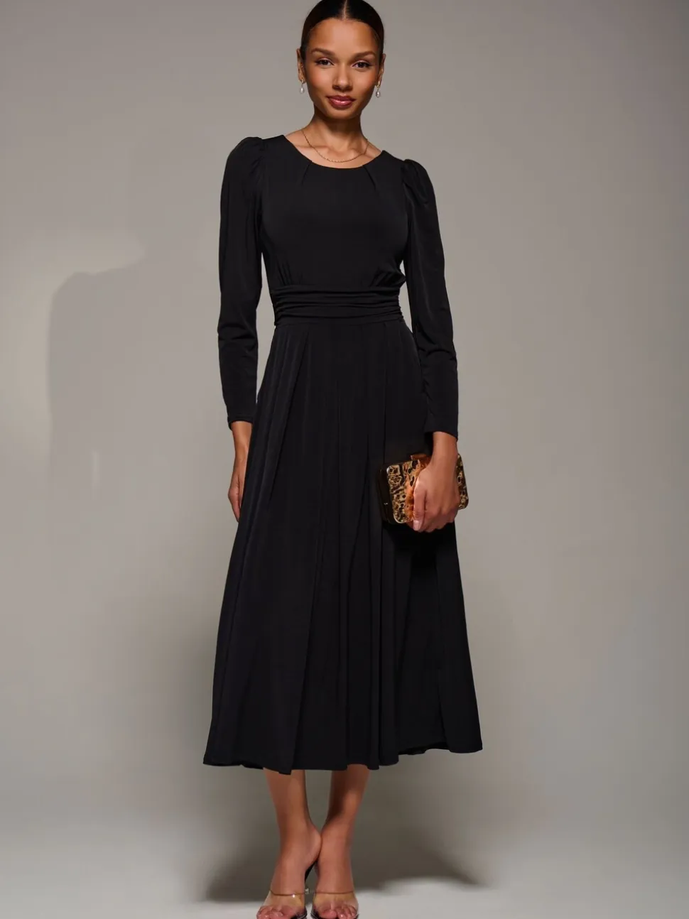 Jolie Moi Charcoal Black Puff Long Sleeve Jersey Maxi Dress
