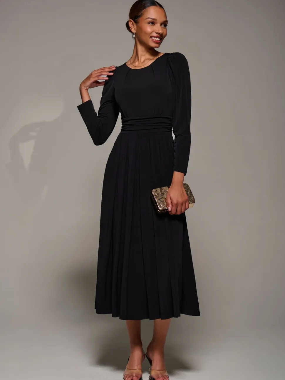 Jolie Moi Charcoal Black Puff Long Sleeve Jersey Maxi Dress