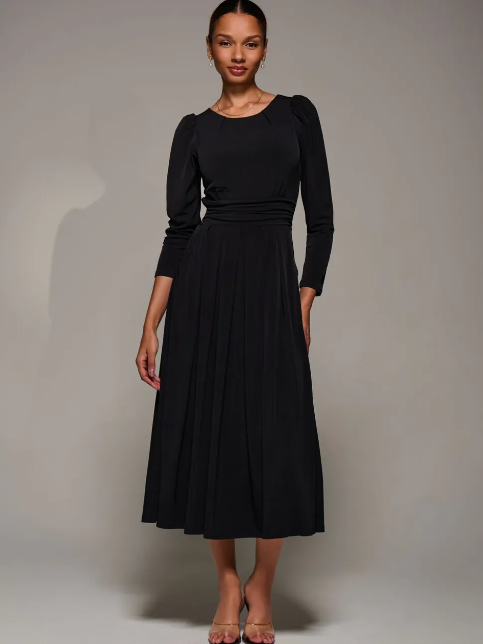 Jolie Moi Charcoal Black Puff Long Sleeve Jersey Maxi Dress